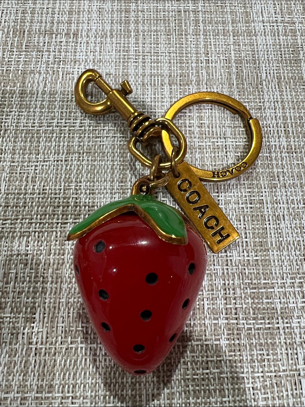 Red and Green Strawberry Key Charm with Gold Hardware